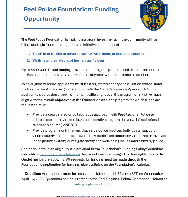 Peel Police Foundation: Funding Opportunity for Community Partners